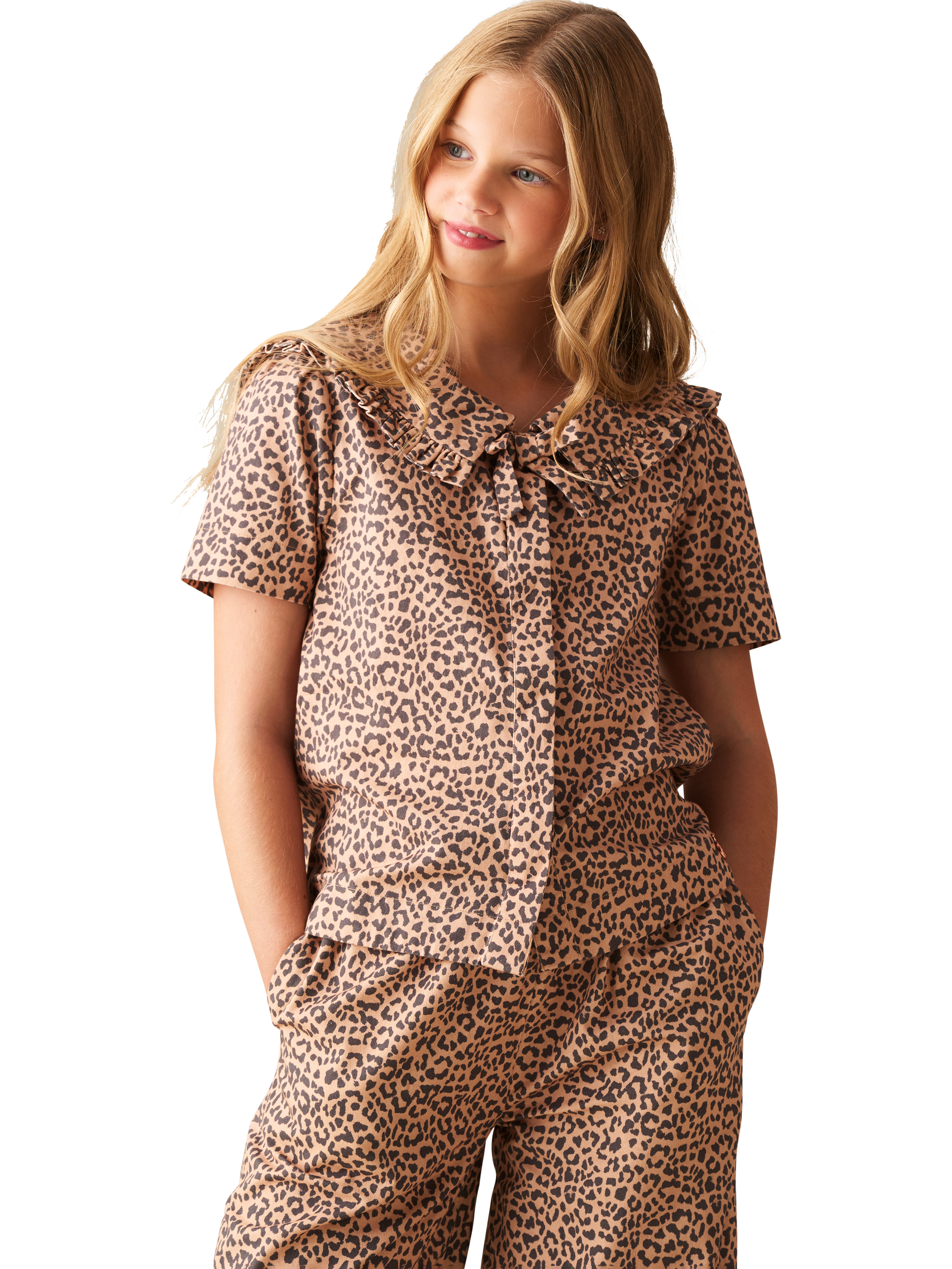 Product image 1 of 6, which shows Angel & Rocket Kids' Leopard Tie Collar Blouse, Brown, 3 years