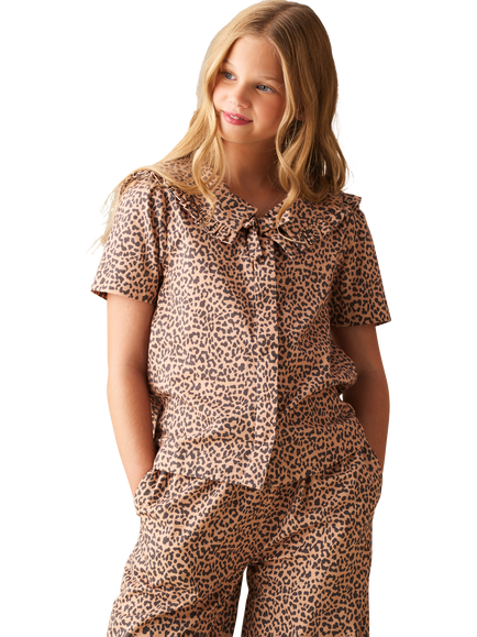 Angel & Rocket Kids' Leopard Tie Collar Blouse, Brown, Brown
