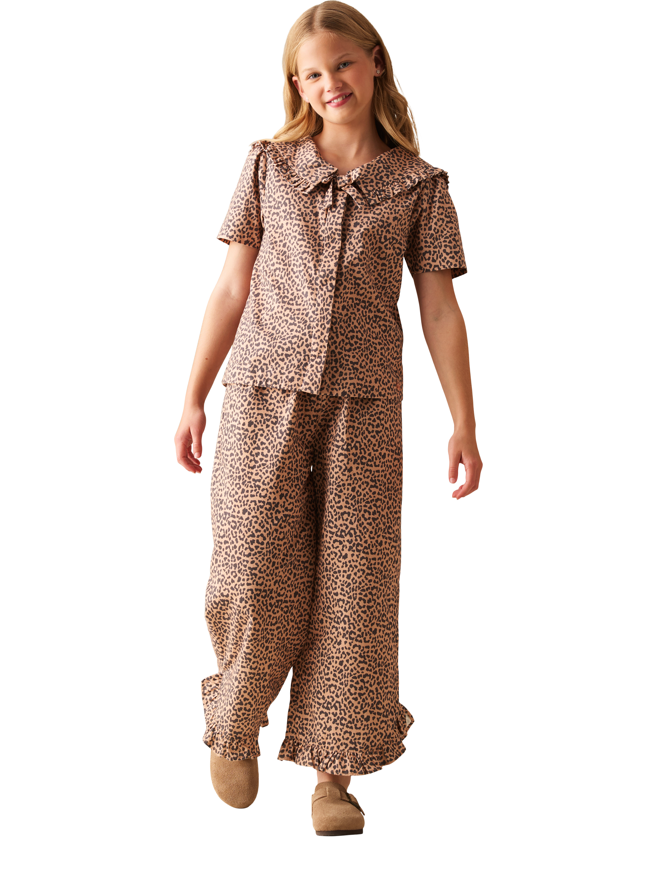 Product image 2 of 6, which shows Angel & Rocket Kids' Leopard Tie Collar Blouse, Brown, 3 years