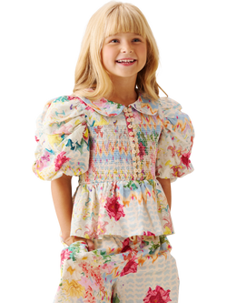 Angel & Rocket Cotton Rich Puff Sleeve Shirred Floral Blouse, Cream/Multi, Cream/Multi