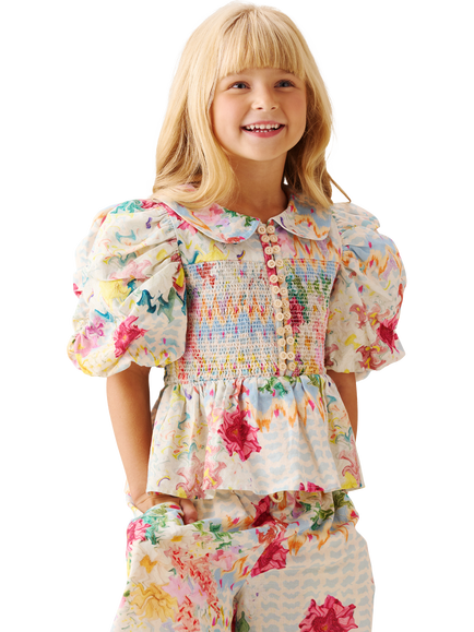 Angel & Rocket Cotton Rich Puff Sleeve Shirred Floral Blouse, Cream/Multi, Cream/Multi