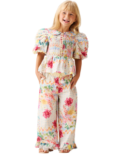 Angel & Rocket Cotton Rich Puff Sleeve Shirred Floral Blouse, Cream/Multi - view 2, Cream/Multi