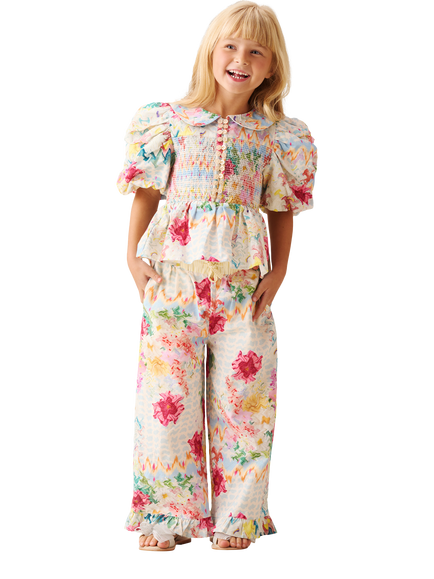 Angel & Rocket Cotton Rich Puff Sleeve Shirred Floral Blouse, Cream/Multi - view 2, Cream/Multi