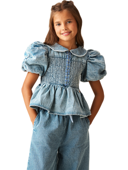 Angel & Rocket Kids' Shirred Denim Blouse, Blue, Blue