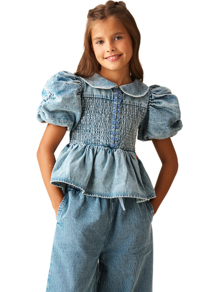 Angel & Rocket Kids' Shirred Denim Blouse, Blue, Blue