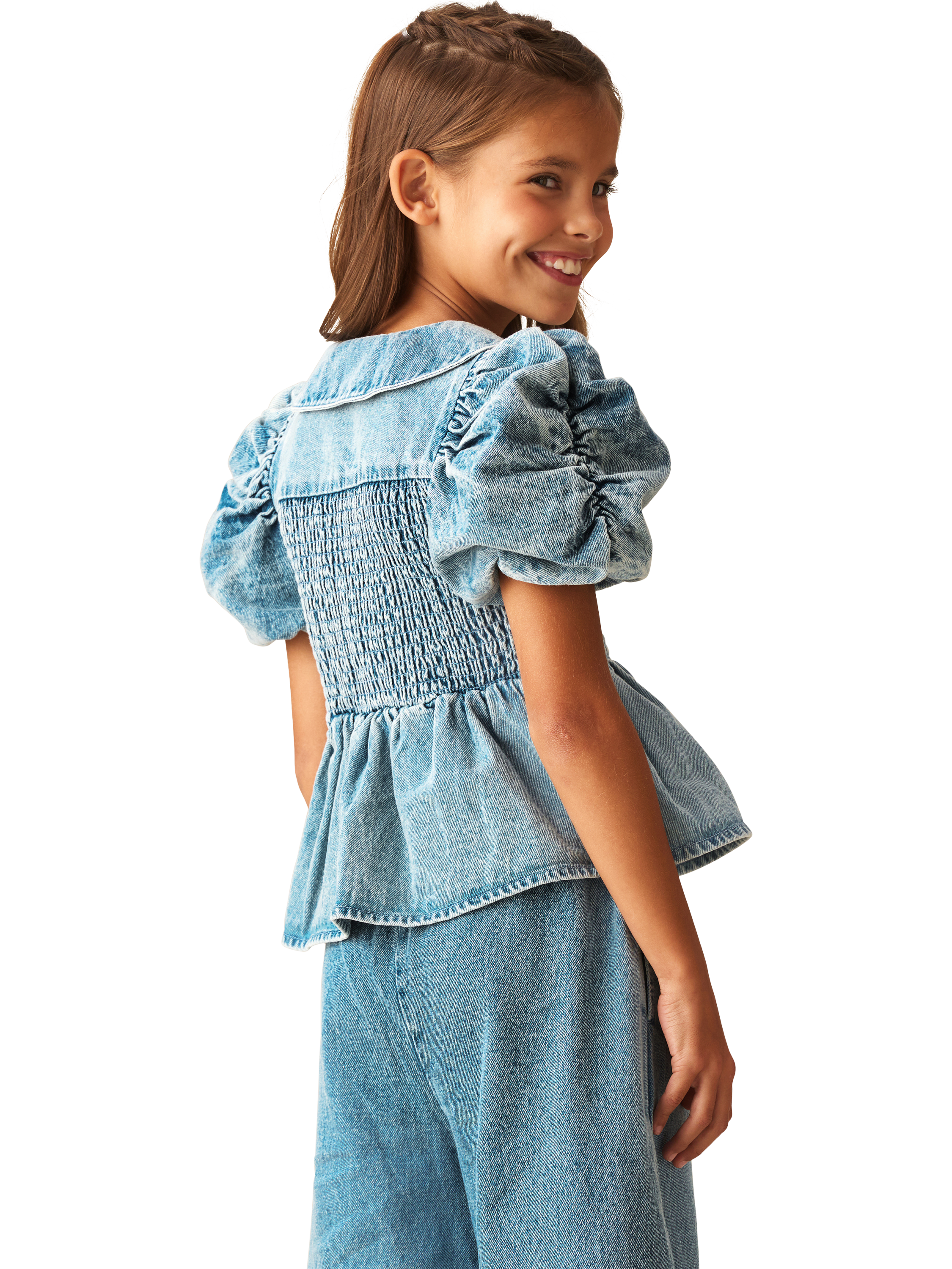 Product image 2 of 7, which shows Angel & Rocket Kids' Shirred Denim Blouse, Blue, 3 years