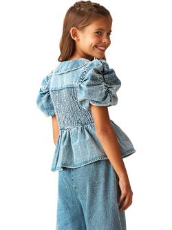 Angel & Rocket Kids' Shirred Denim Blouse, Blue - view 2, Blue