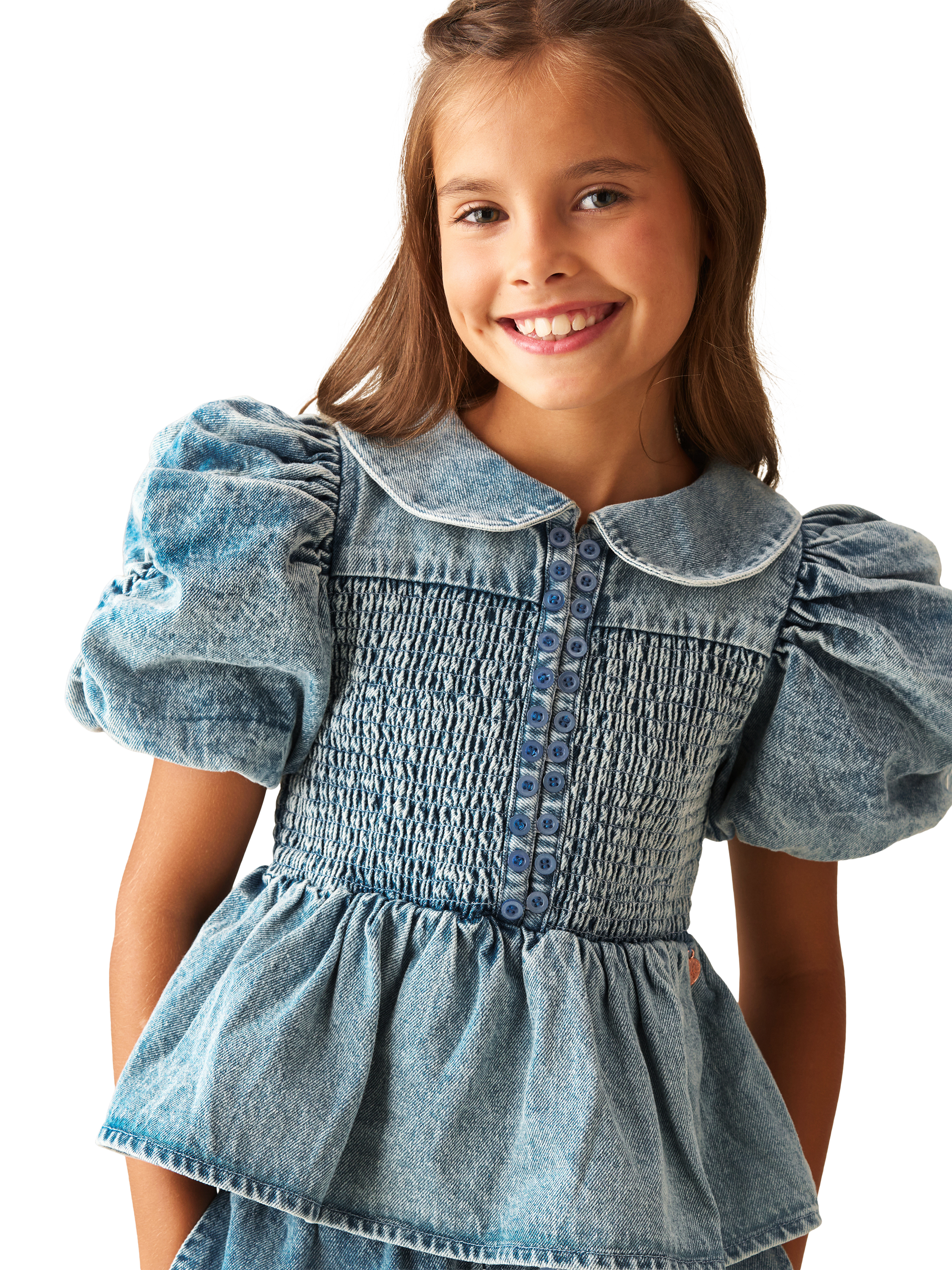 Product image 4 of 7, which shows Angel & Rocket Kids' Shirred Denim Blouse, Blue, 3 years