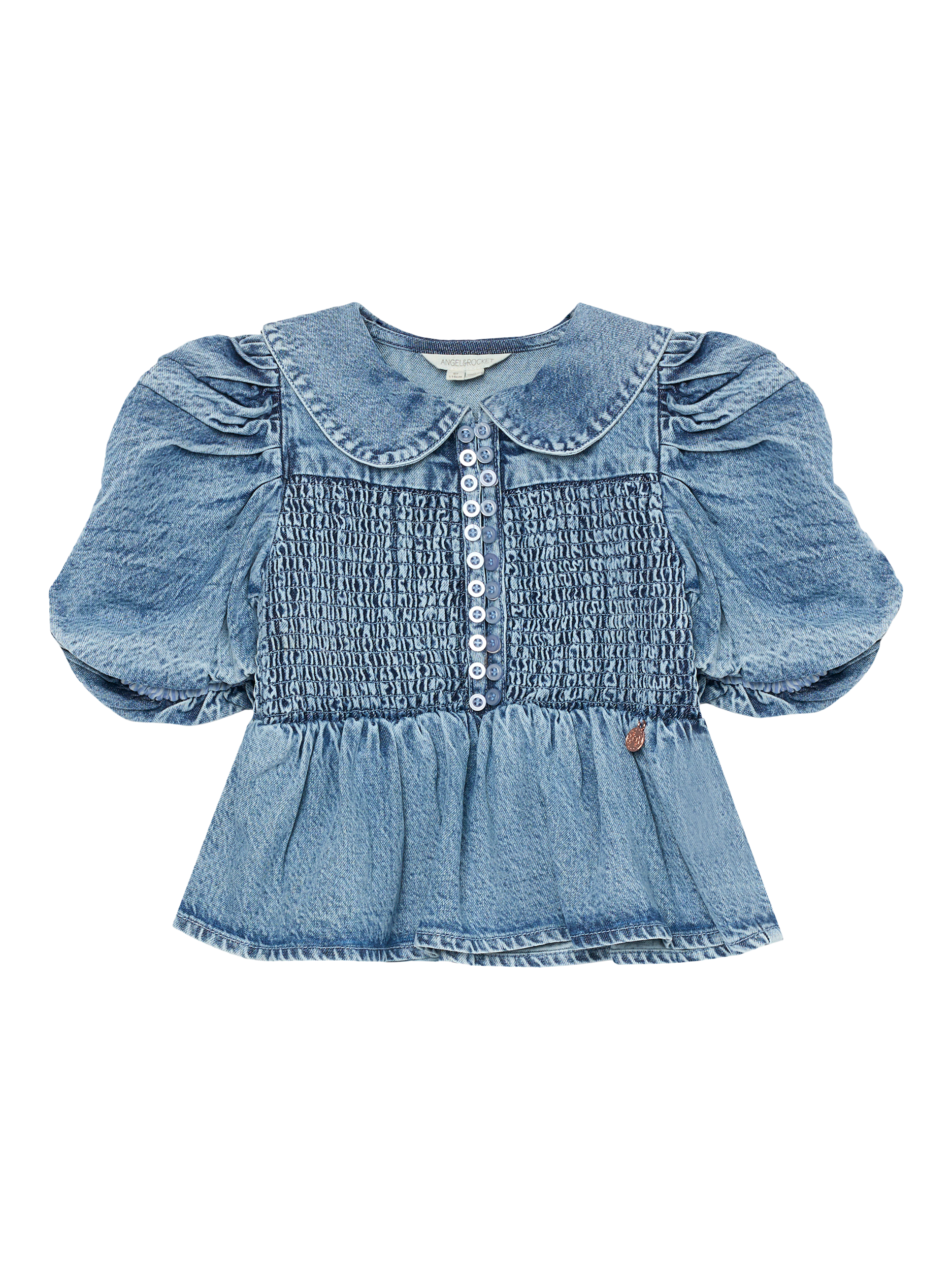 Product image 5 of 7, which shows Angel & Rocket Kids' Shirred Denim Blouse, Blue, 3 years