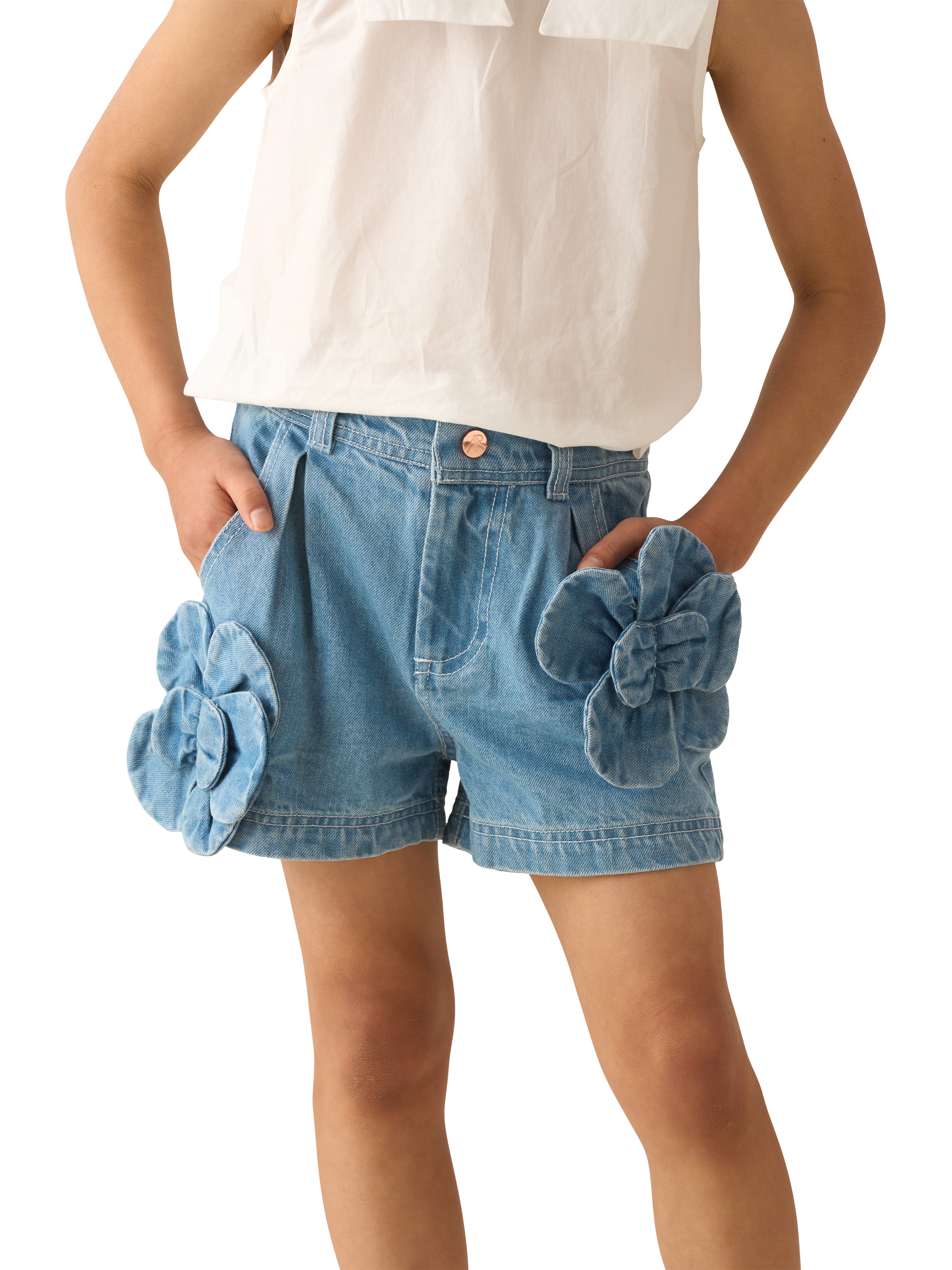 Product image 1 of 3, which shows Angel & Rocket Kids' 3D Flower Denim Shorts, Blue, 3 years