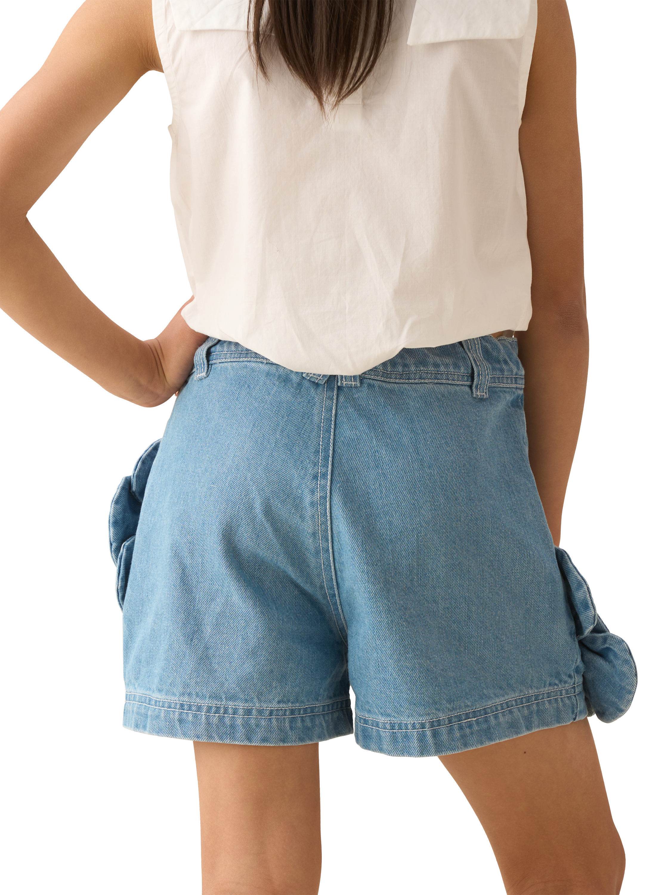 Product image 2 of 3, which shows Angel & Rocket Kids' 3D Flower Denim Shorts, Blue, 3 years
