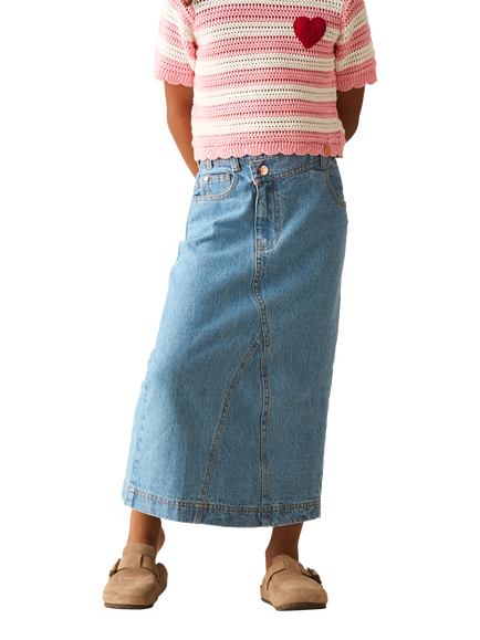 Angel & Rocket Kids' Asymmetric Denim Midi Skirt, Blue, Blue