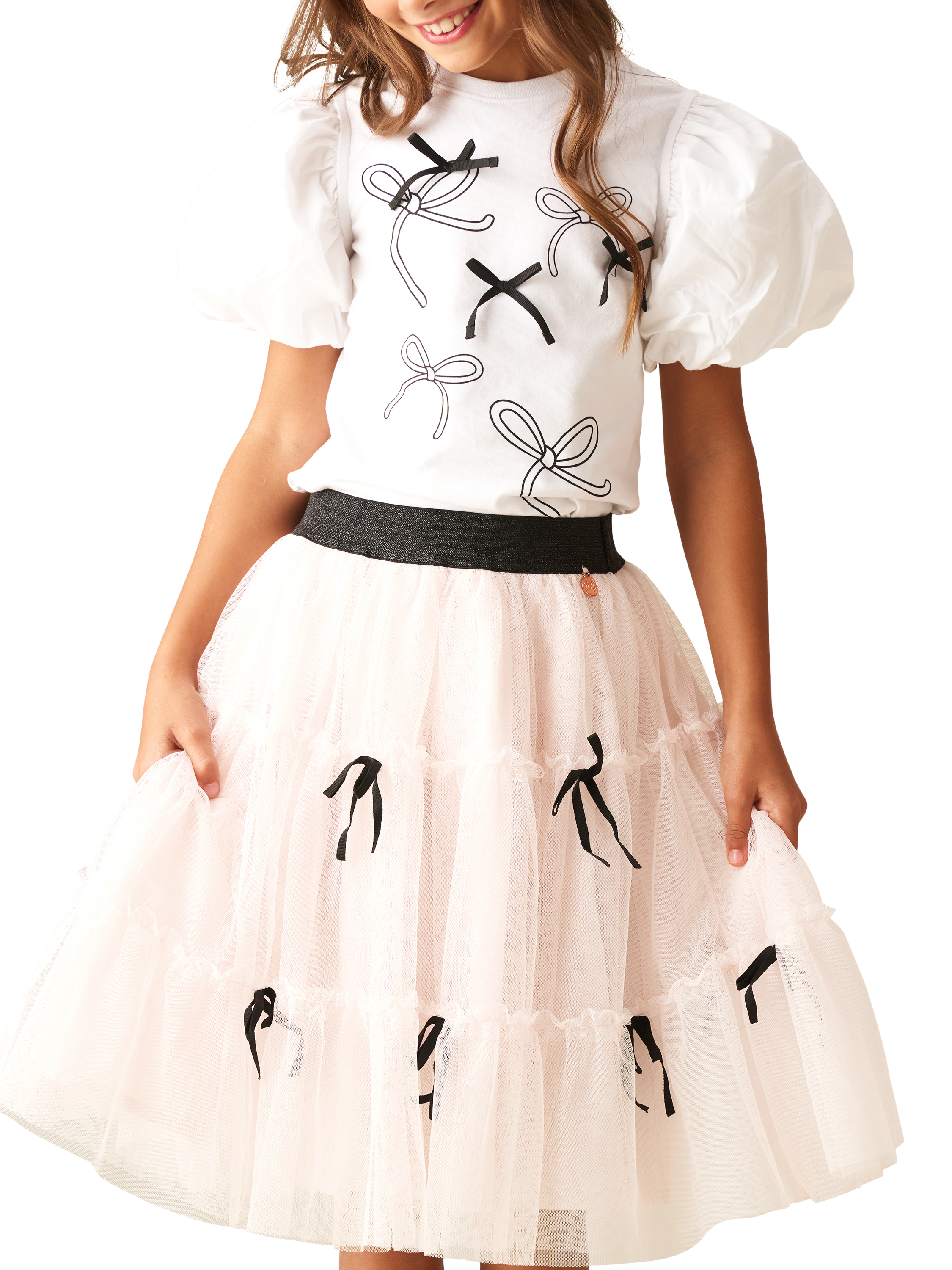 Product image 1 of 7, which shows Angel & Rocket Kids' Mesh Mini Bow Skirt, Pink/Black, 3 years