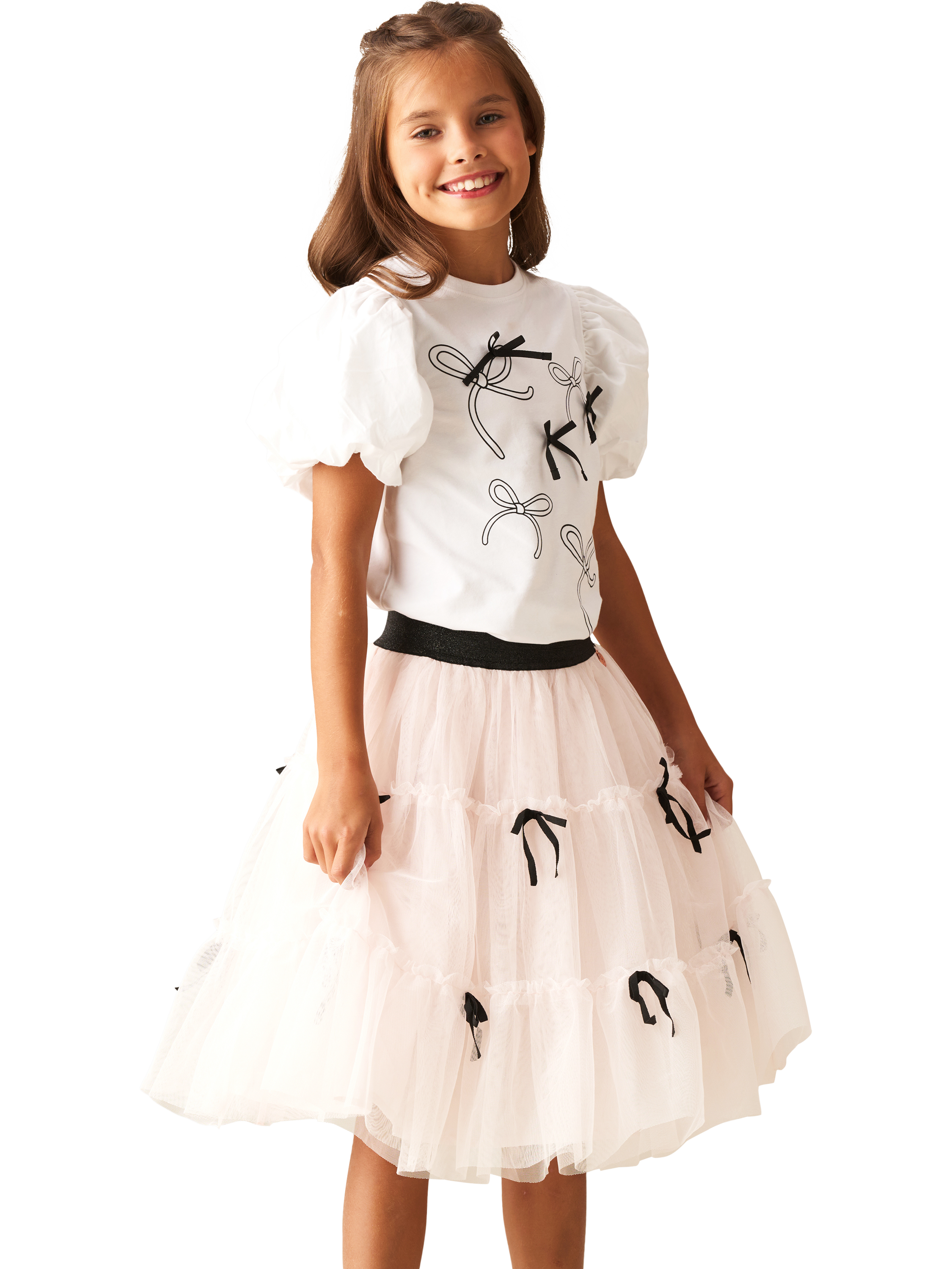 Product image 2 of 7, which shows Angel & Rocket Kids' Mesh Mini Bow Skirt, Pink/Black, 3 years