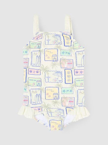 Angel & Rocket Kids' Postcard Print Frill Swimsuit, Multi, Multi