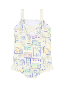 Angel & Rocket Kids' Postcard Print Frill Swimsuit, Multi - view 2, Multi
