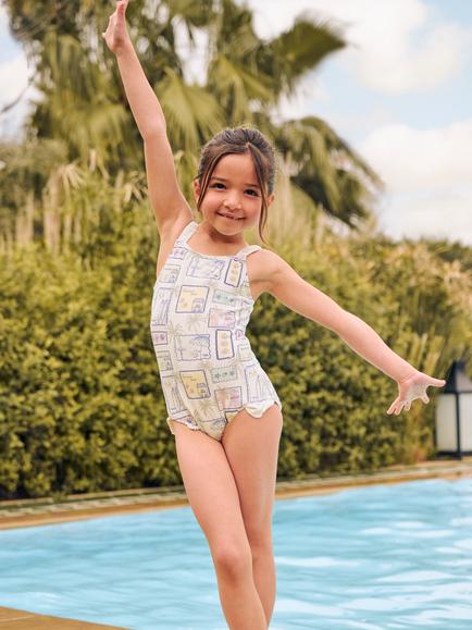 Angel & Rocket Kids' Postcard Print Frill Swimsuit, Multi - view 2, Multi