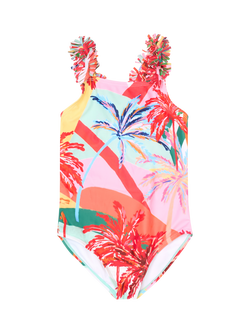 Angel & Rocket Kids' Palm Print Frill Swimsuit, Multi, Multi
