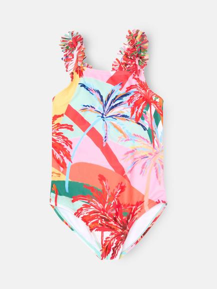 Angel & Rocket Kids' Palm Print Frill Swimsuit, Multi, Multi