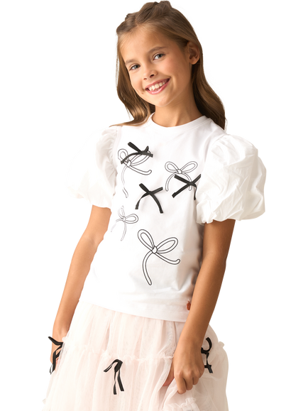 Angel & Rocket Kids' Bow Embellished Puff Sleeve Top, White, White