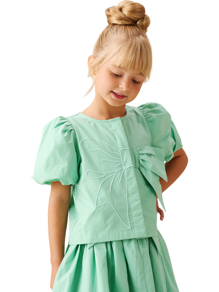 Angel & Rocket Kids' Cotton Puff Sleeve Oversized Bow Top, Green, Green