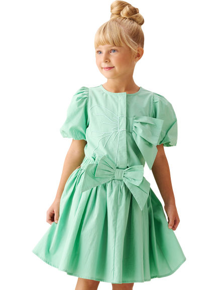 Angel & Rocket Kids' Cotton Puff Sleeve Oversized Bow Top, Green - view 2, Green