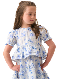 Angel & Rocket Kids' Cotton Floral Bow Peplum Top, Blue, Blue
