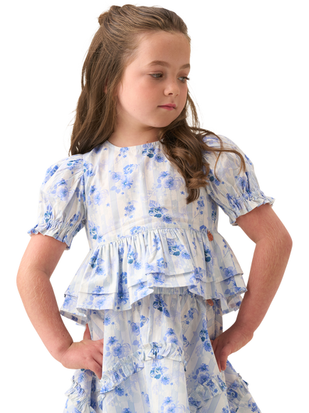 Angel & Rocket Kids' Cotton Floral Bow Peplum Top, Blue, Blue