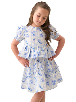 Angel & Rocket Kids' Cotton Floral Bow Peplum Top, Blue - view 2, Blue