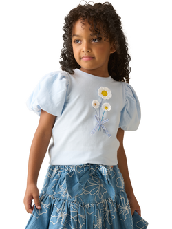 Angel & Rocket Kids' Cotton Rich Floral Embroidered T-Shirt, Blue, Blue