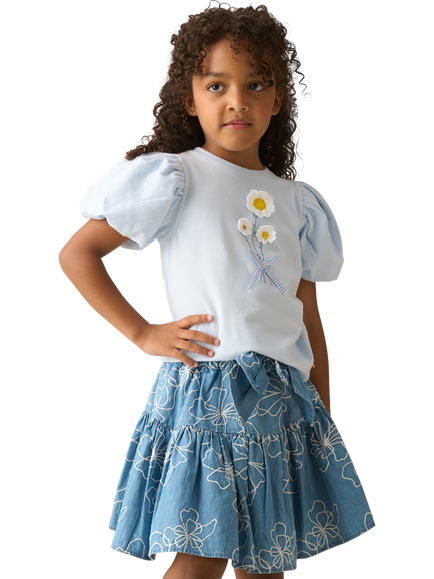 Angel & Rocket Kids' Cotton Rich Floral Embroidered T-Shirt, Blue - view 2, Blue