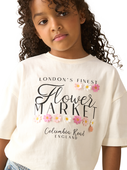Angel & Rocket Kids' Cotton Flower Market T-Shirt, White, White
