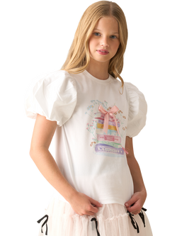 Angel & Rocket Kids' Cotton Rich Puff Sleeve Book Print T-Shirt, White, White