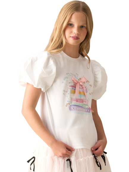 Angel & Rocket Kids' Cotton Rich Puff Sleeve Book Print T-Shirt, White, White