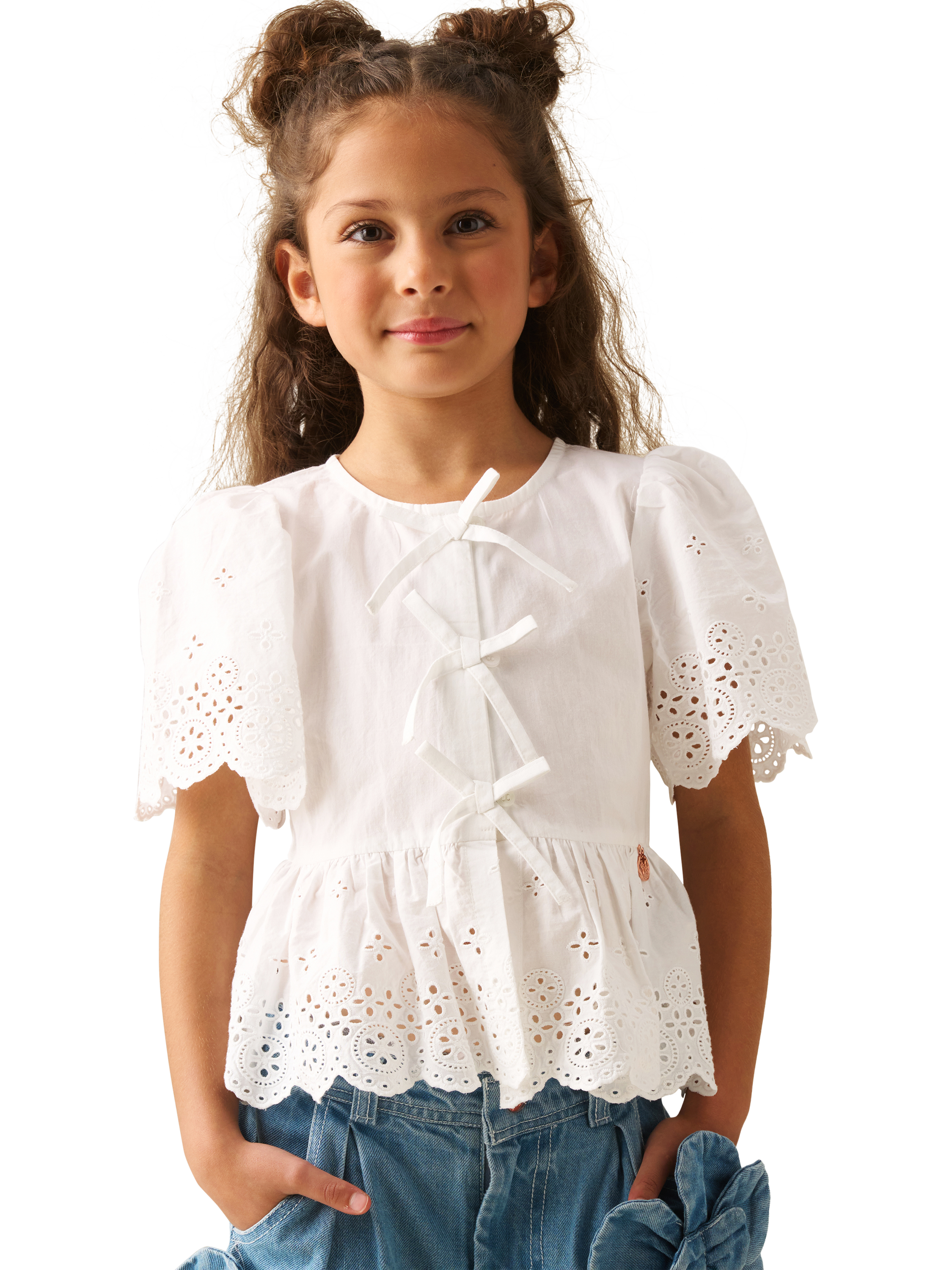 Product image 1 of 8, which shows Angel & Rocket Kids' Ria Tie Front Peplum Hem Top, White, 2 years