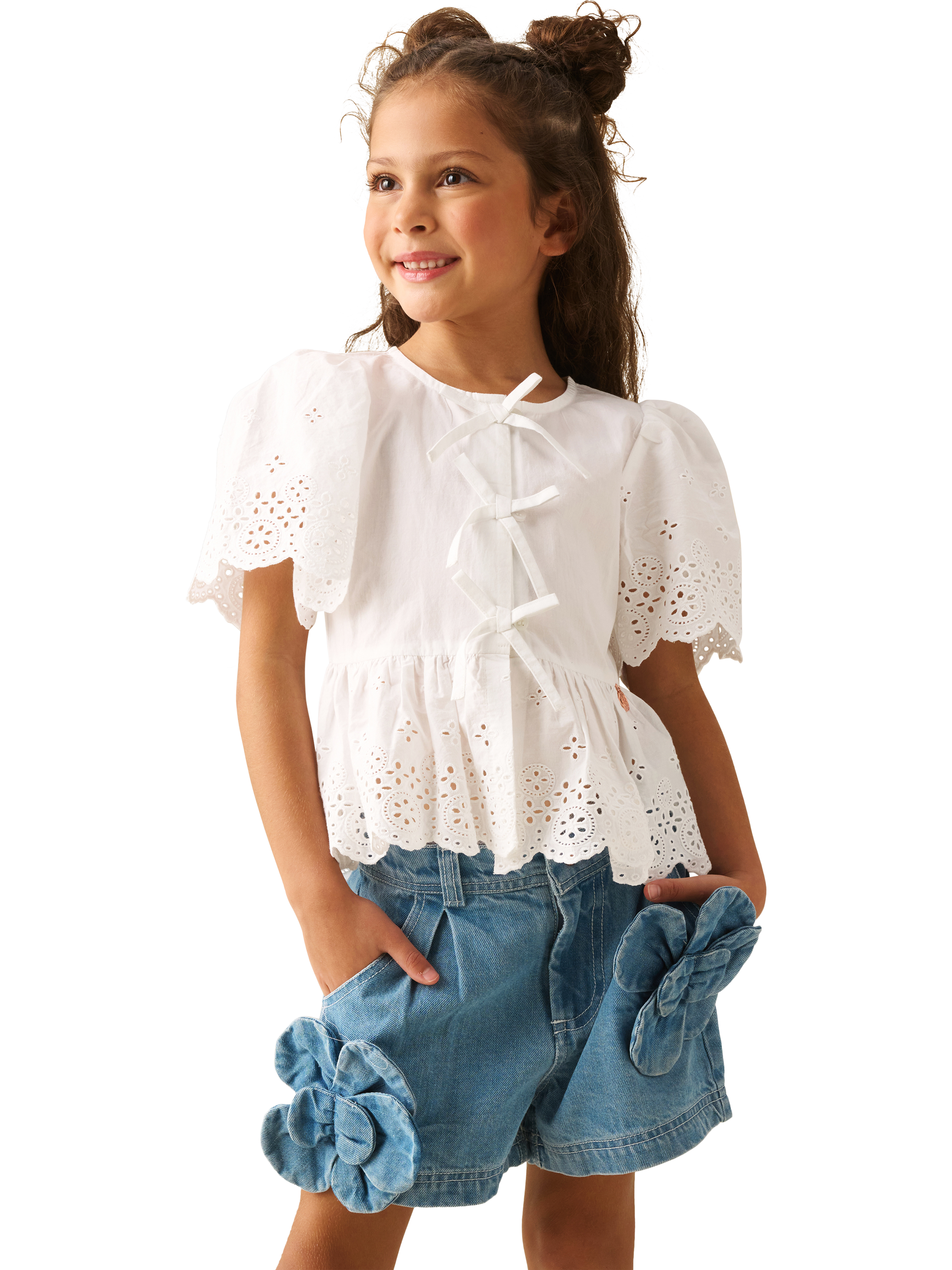 Product image 2 of 8, which shows Angel & Rocket Kids' Ria Tie Front Peplum Hem Top, White, 2 years