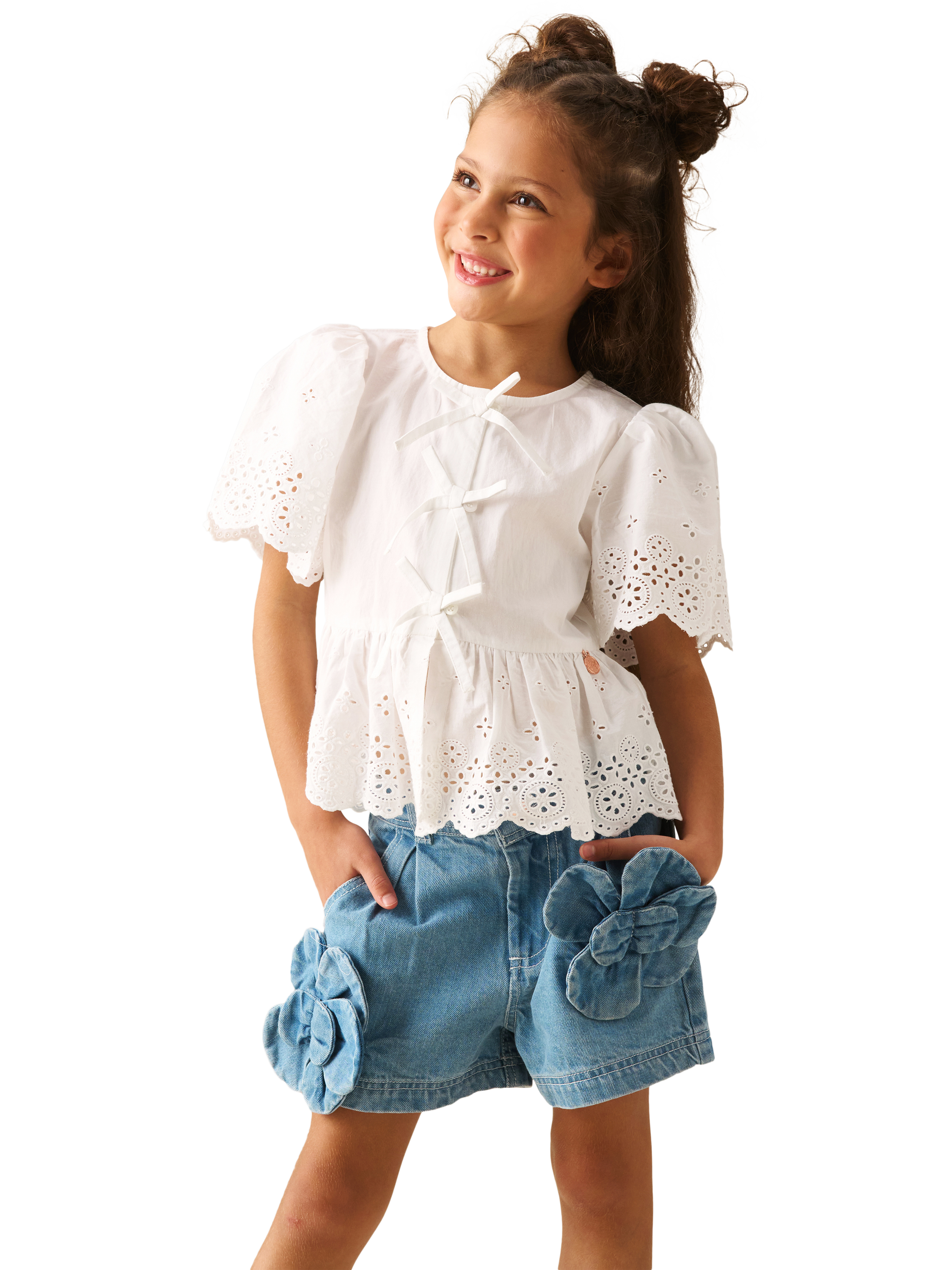 Product image 5 of 8, which shows Angel & Rocket Kids' Ria Tie Front Peplum Hem Top, White, 2 years