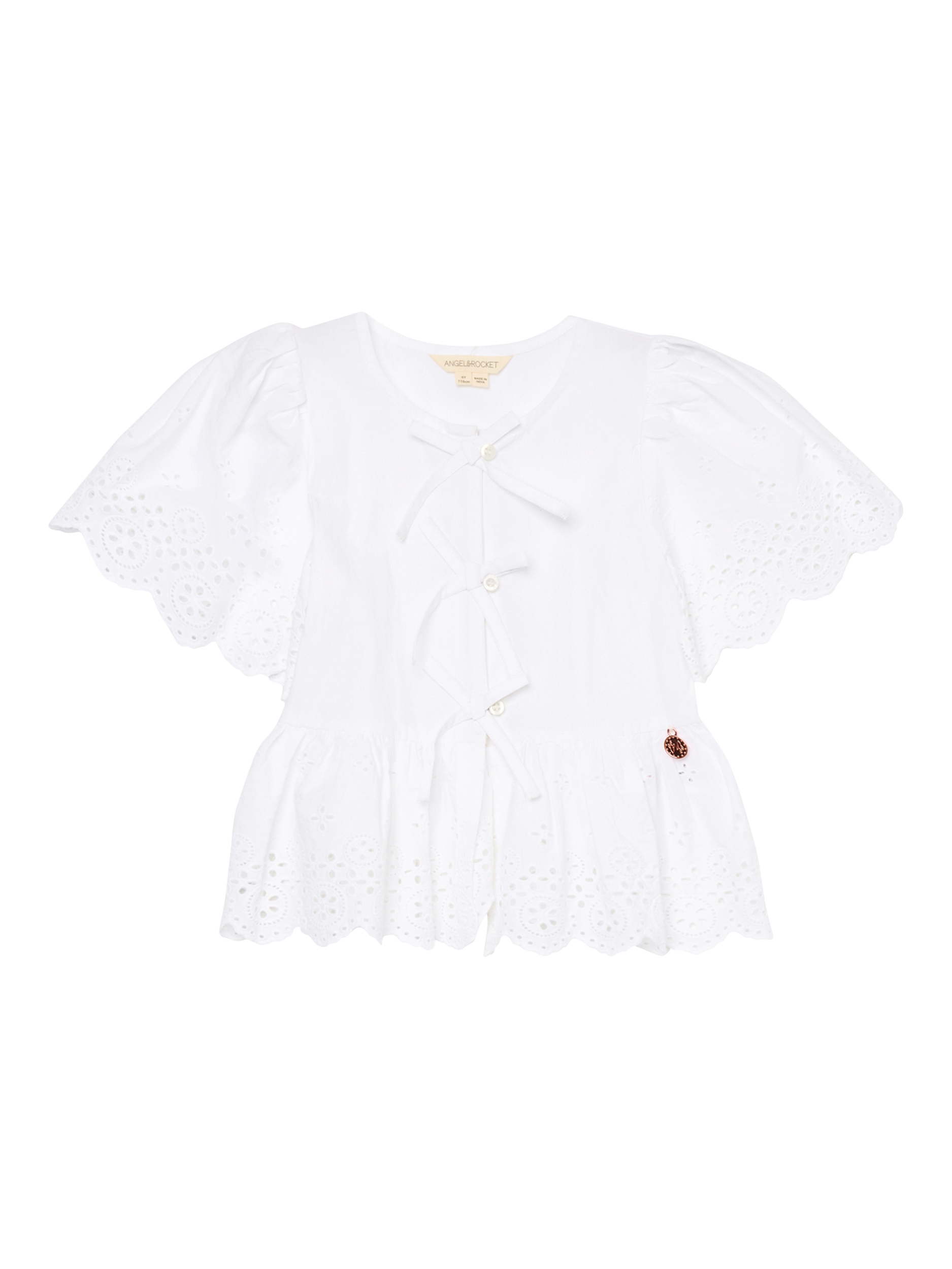 Product image 6 of 8, which shows Angel & Rocket Kids' Ria Tie Front Peplum Hem Top, White, 2 years