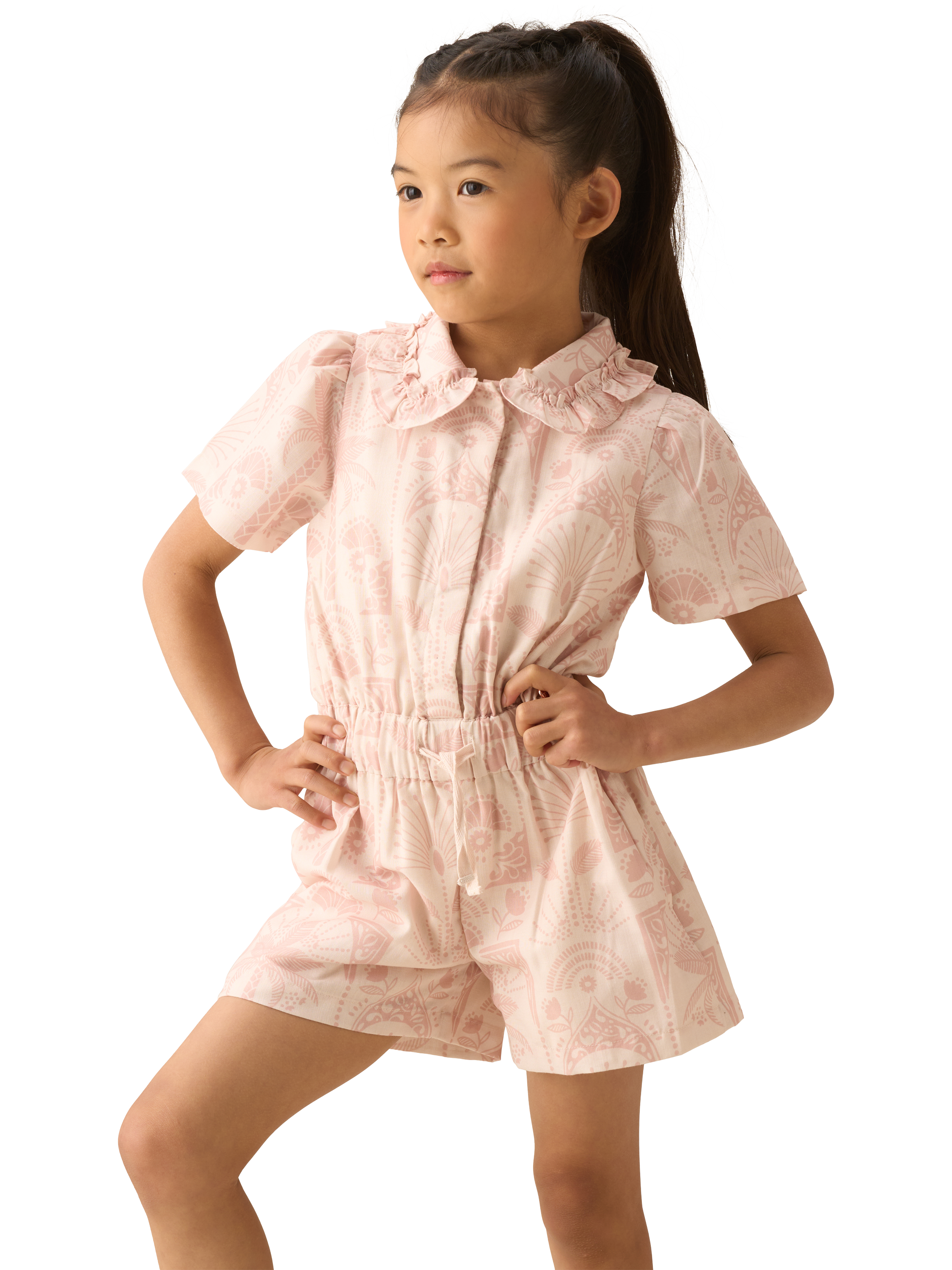 Product image 1 of 8, which shows Angel & Rocket Kids' Printed Short Playsuit, Natural, 3 years