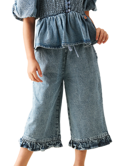 Angel & Rocket Kids' Denim Frill Hem Trousers, Blue, Blue