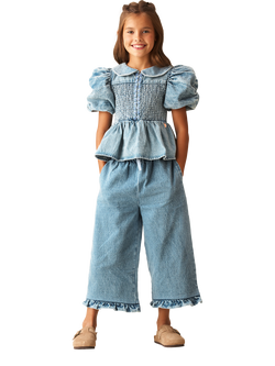 Angel & Rocket Kids' Denim Frill Hem Trousers, Blue - view 2, Blue