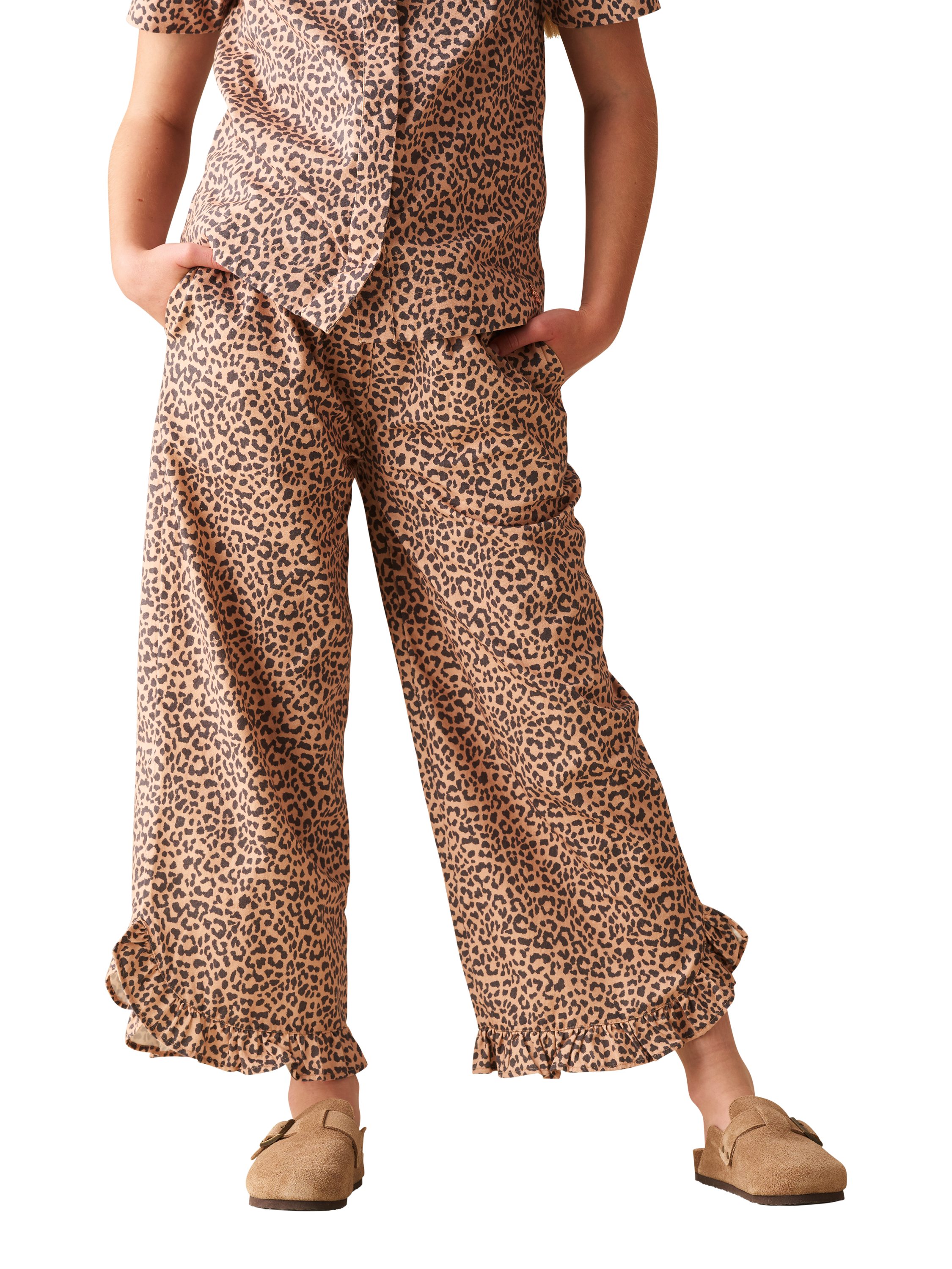 Product image 1 of 11, which shows Angel & Rocket Kids' Leopard Frill Hem Trousers, Brown, 3 years