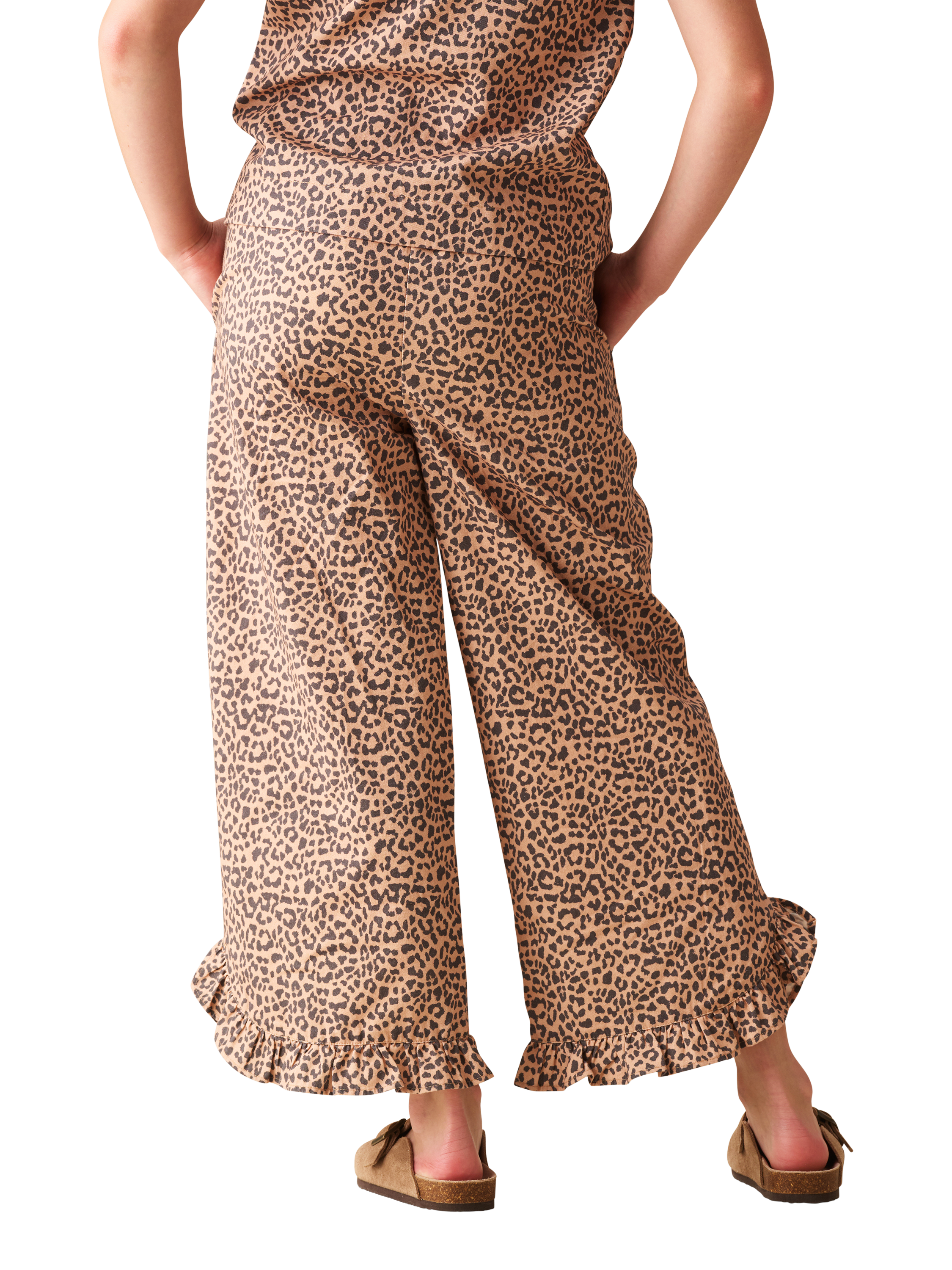 Product image 3 of 11, which shows Angel & Rocket Kids' Leopard Frill Hem Trousers, Brown, 3 years