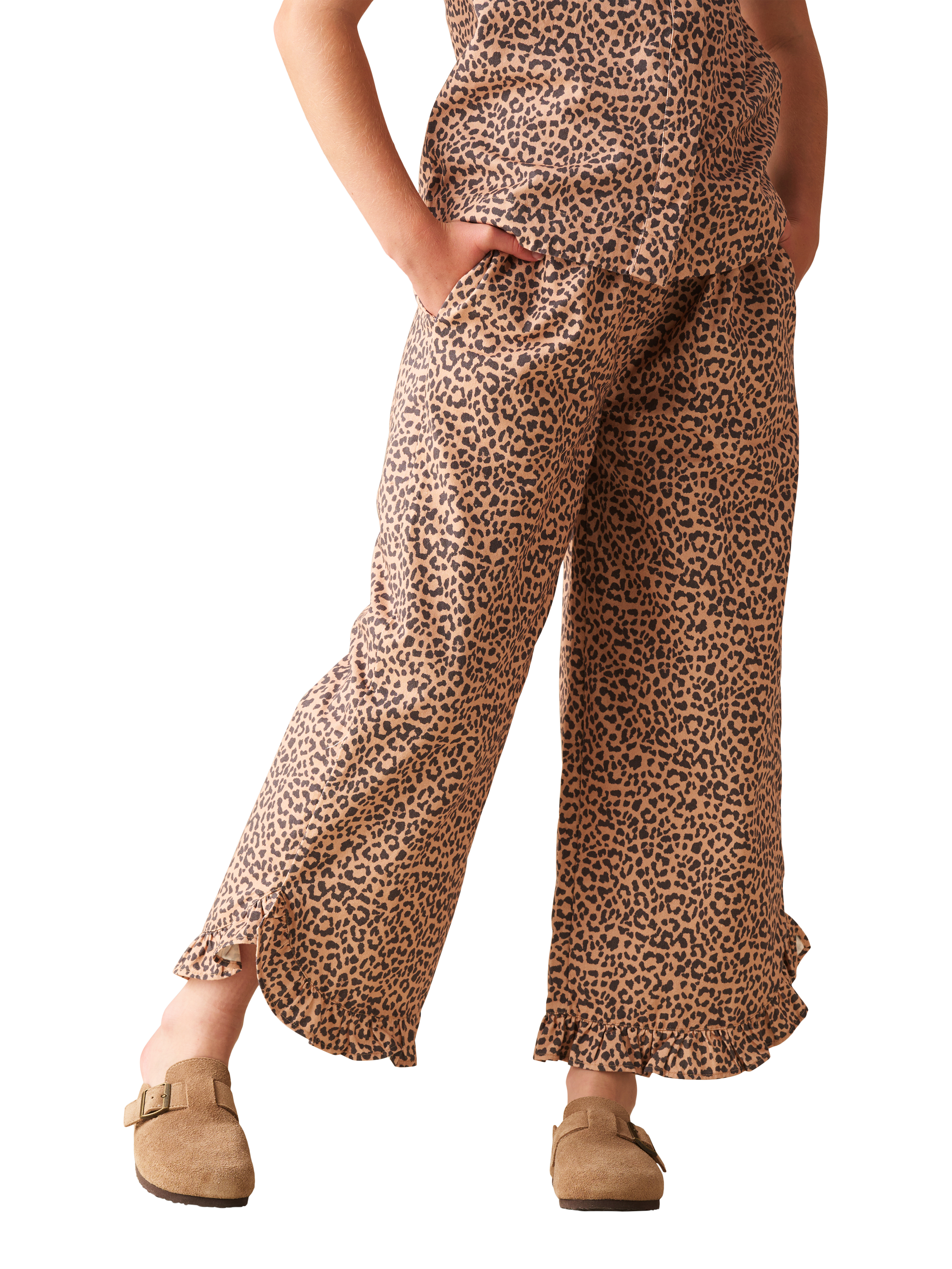 Product image 4 of 11, which shows Angel & Rocket Kids' Leopard Frill Hem Trousers, Brown, 3 years