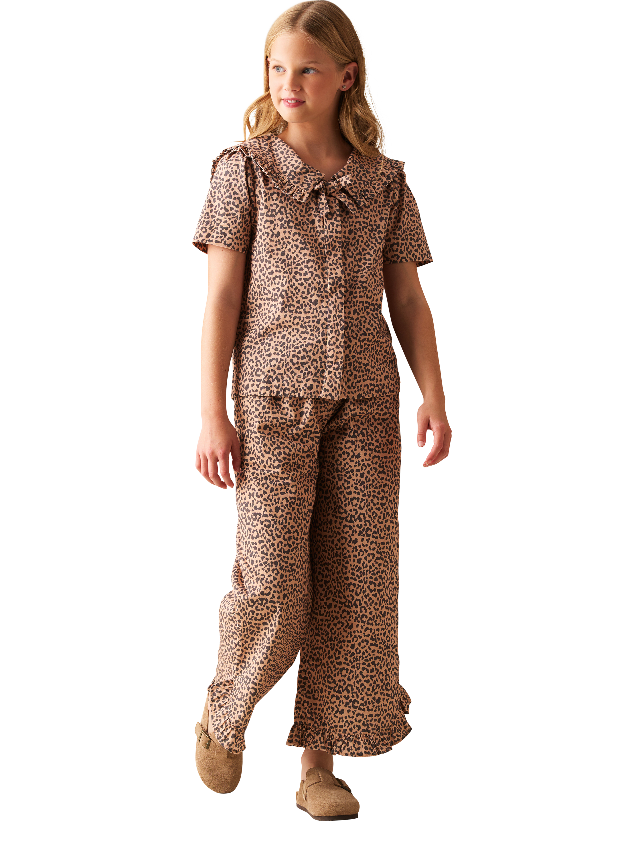 Product image 5 of 11, which shows Angel & Rocket Kids' Leopard Frill Hem Trousers, Brown, 3 years
