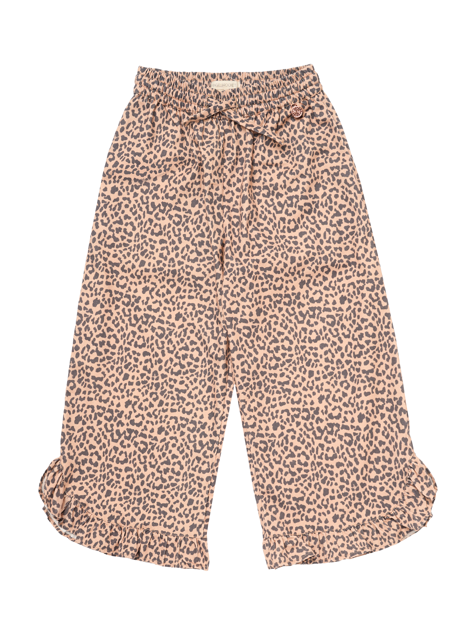 Product image 6 of 11, which shows Angel & Rocket Kids' Leopard Frill Hem Trousers, Brown, 3 years