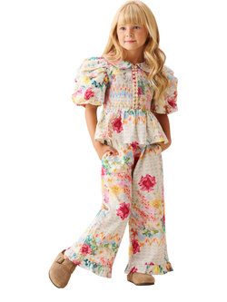 Angel & Rocket Kids' Cotton Rich Floral Cropped Trousers, Cream/Multi - view 2, Cream/Multi