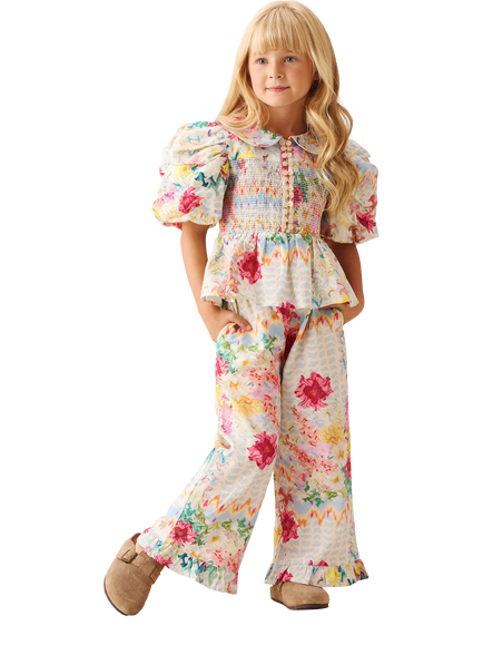 Angel & Rocket Kids' Cotton Rich Floral Cropped Trousers, Cream/Multi - view 2, Cream/Multi