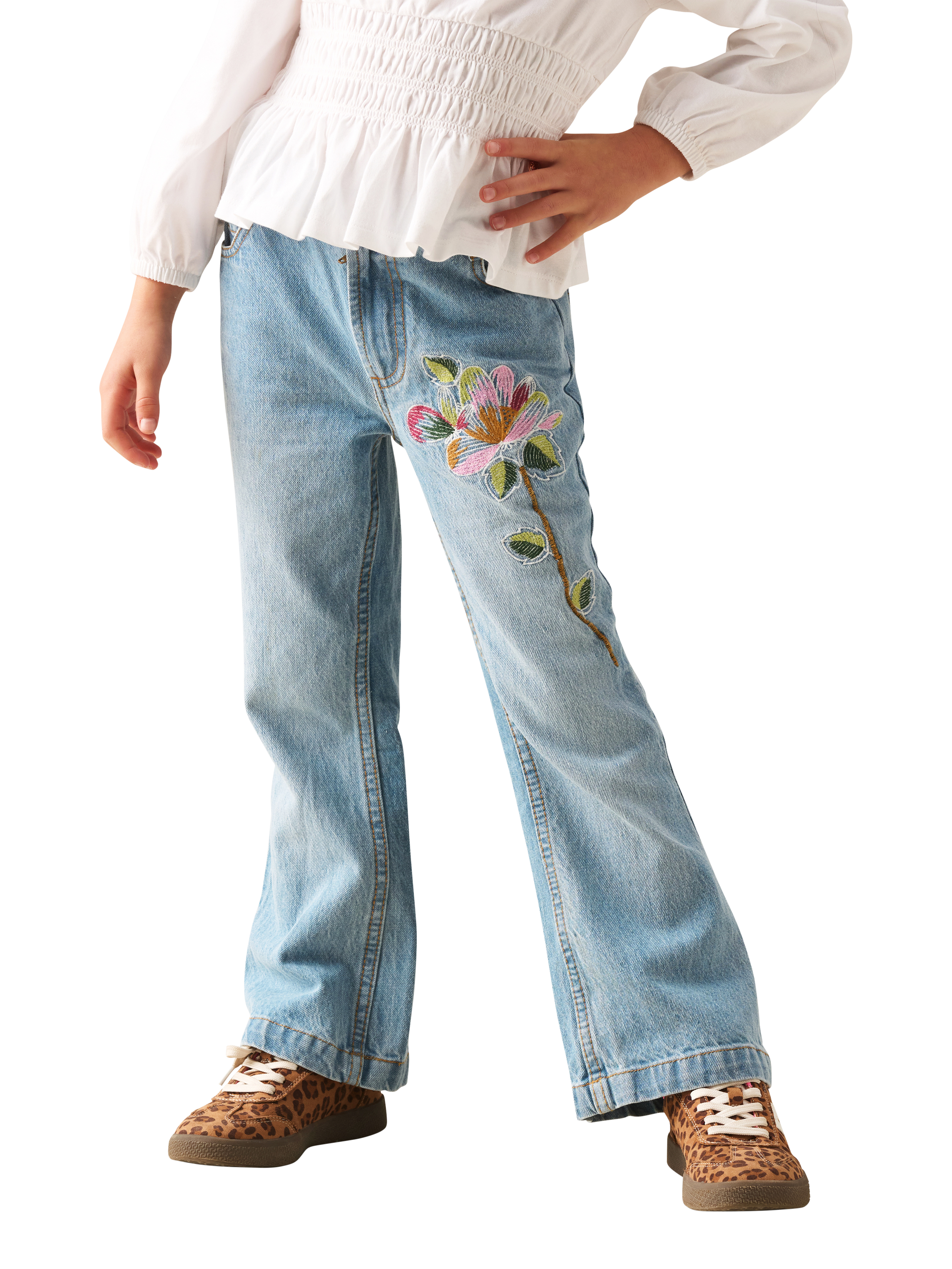 Product image 1 of 7, which shows Angel & Rocket Kids' Embroidered Flared Denim Jeans, Blue/Multi, 3 years