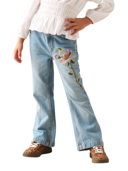 Angel & Rocket Kids' Embroidered Flared Denim Jeans, Blue/Multi, Blue/Multi